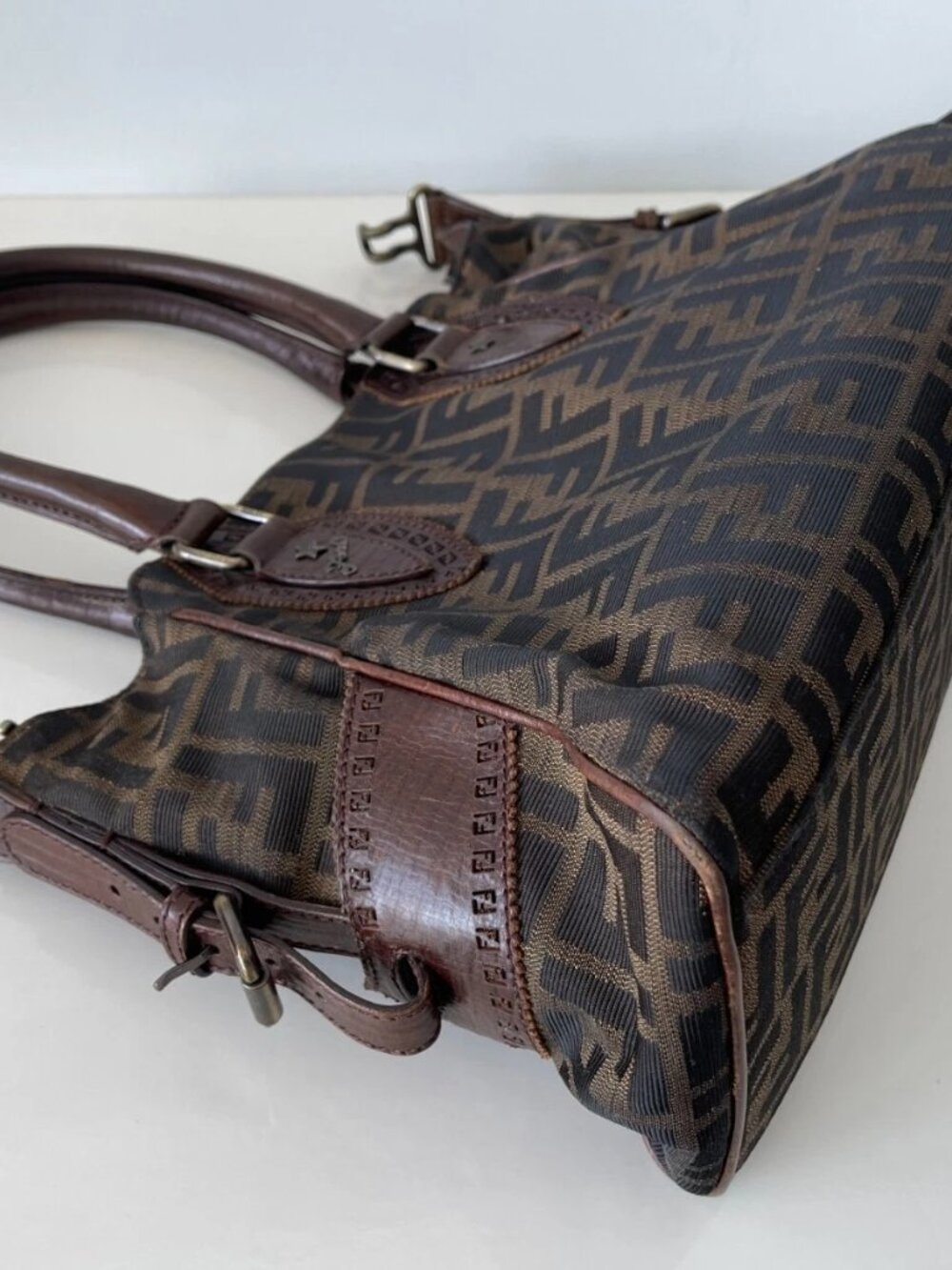 FENDI Zucca Du Jour Leather Trim Handle Canvas Tote w/Card & Dust Bag & Box - Picture 10 of 16